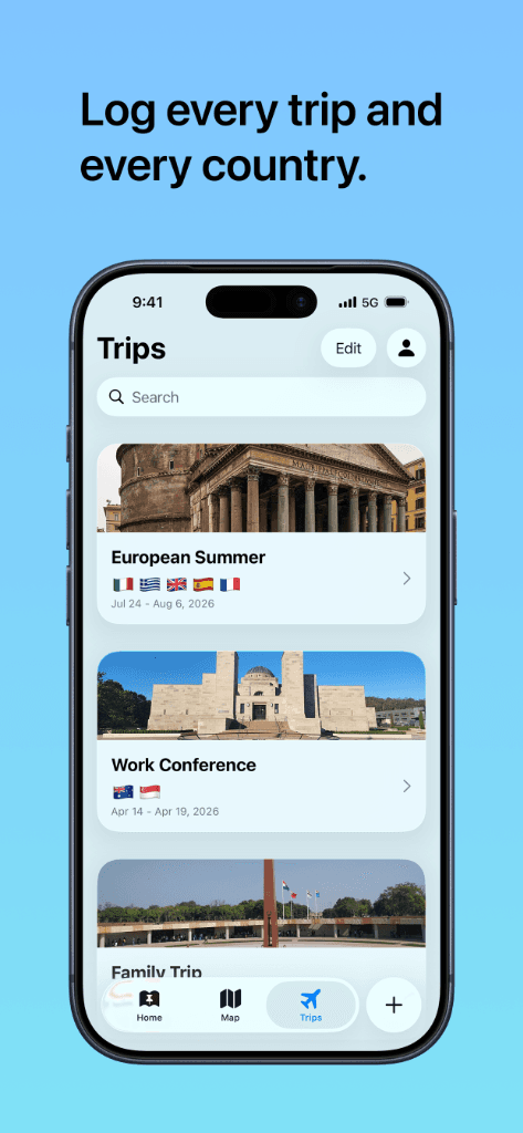 Log every trip and every country with flag previews and destination photos