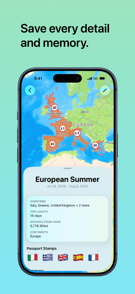 Save every detail and memory including travel stats, duration, and passport stamps