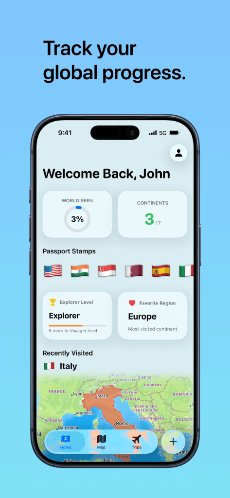 Track your global progress with TripBook - home screen overview